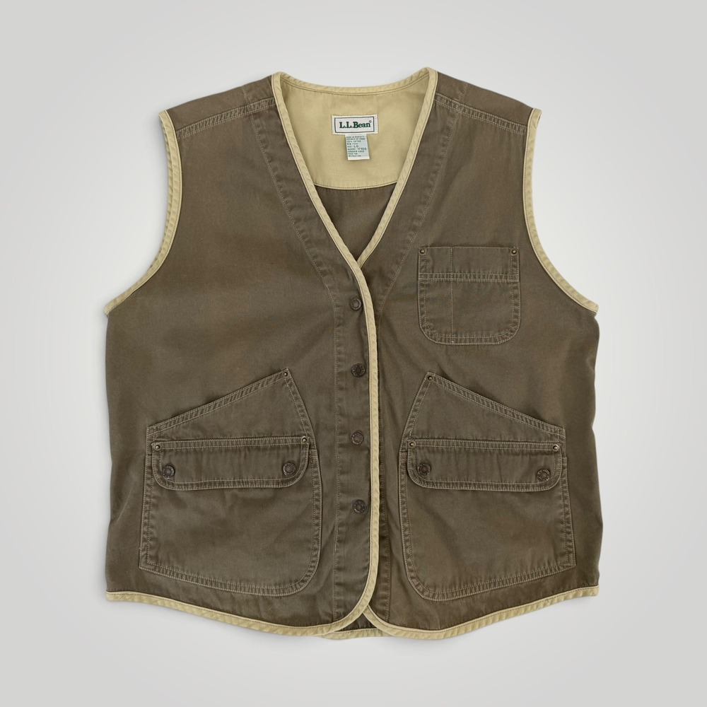 VTG LL Bean Womens L Utility Vest Cotton Canvas Olive Brown V168 Cargo Pocket